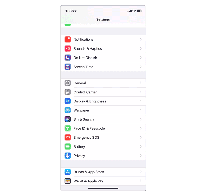 A screen transition in the iOS Settings app