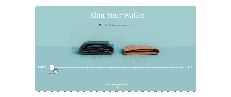 An interactive slider element on the marketing website for a wallet company